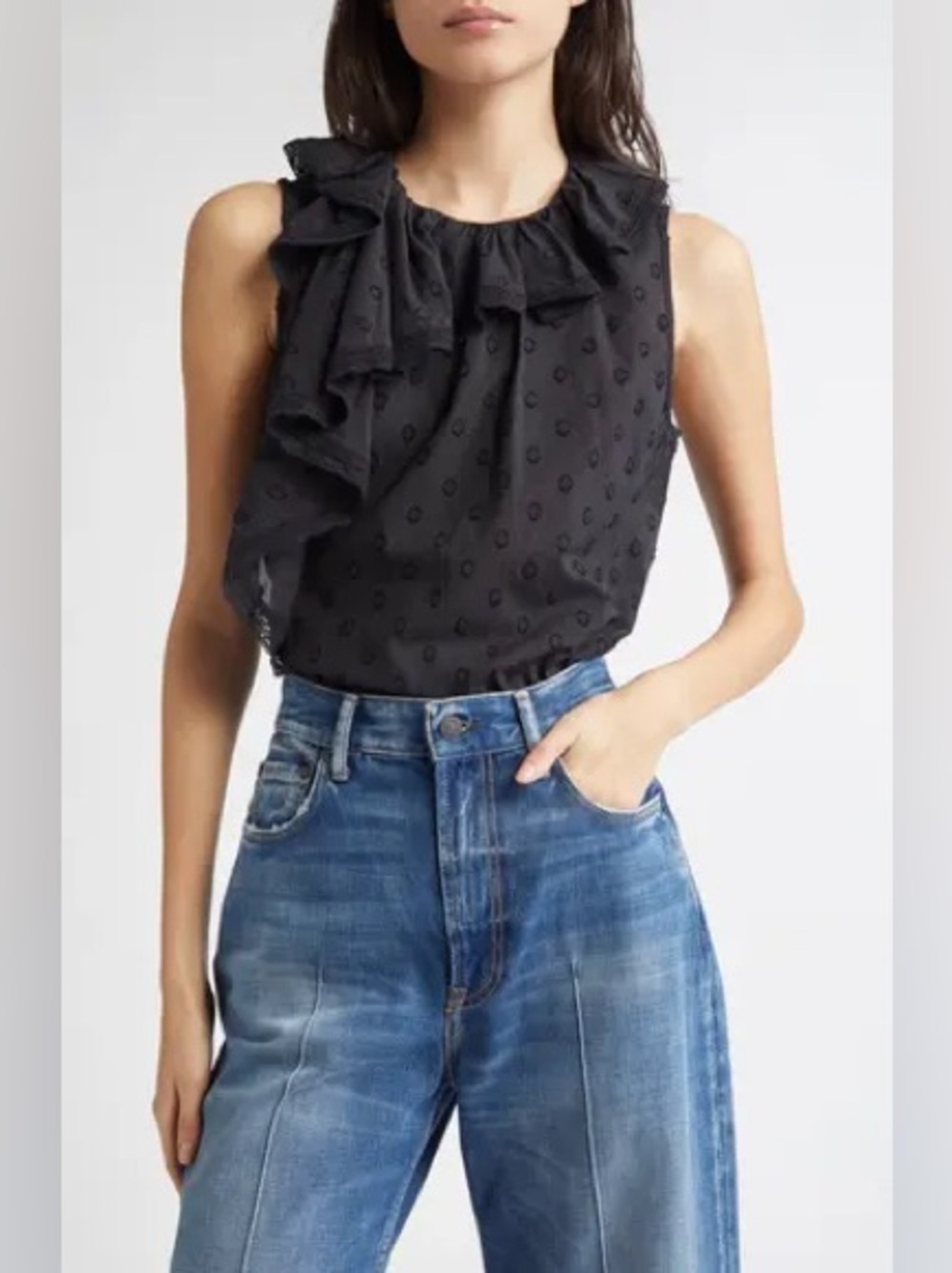 new Ulla Johnson Thalia ruffled sleeveless black dot cotton blouse